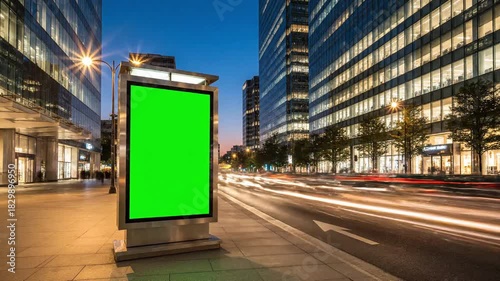 Blank Green Screen Billboard on a Busy City Street at Night Time Lapse.