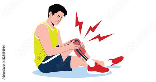  Injured athlete sitting on the ground holding his painful knee with visible red pain marks, sports injury concept illustrating joint strain, accident, discomfort, and physical trauma