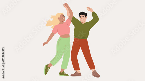  Happy young couple dancing together with joyful expressions, dynamic movement, playful energy and modern casual clothing in a fun illustration of celebration, happiness and togetherness