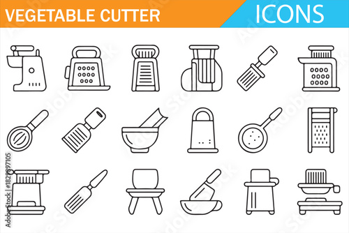 Modern vegetable cutter and kitchen appliance line icon pack