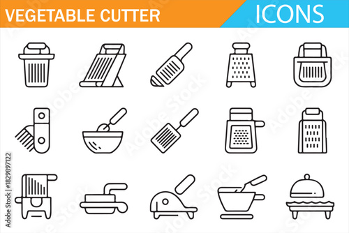 Kitchen slicer, grater and cooking utensil linear icon collection