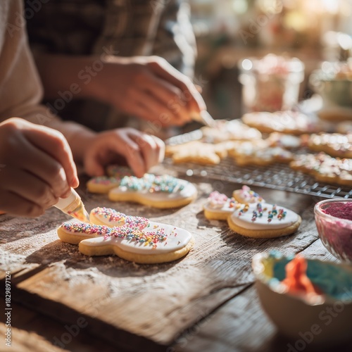 People making cookies and frosting them on a table.
