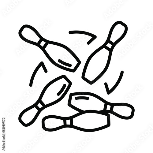 Black and White Outline Icon of Bowling Pins Falling and Scattering