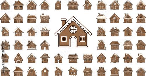 Gingerbread house cookie vector collection with icing decorations, cozy Christmas dessert illustration set, traditional holiday sweet bakery design