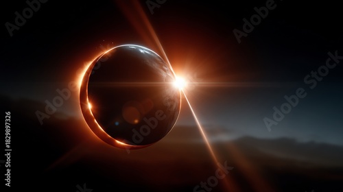 Solar Eclipse with Intense Light Flares in Deep Space Background Concept