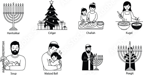 Jewish holiday illustrations, Hanukkah menorah, Christmas tree, cultural traditions, black and white icons, festive vector set, humorous labels