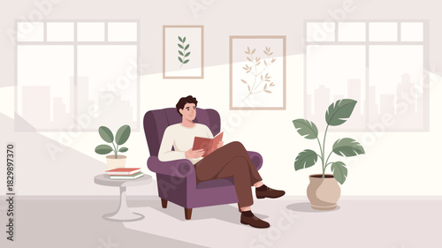  Young man relaxing on a comfortable armchair while reading a book in a bright modern living room with indoor plants, soft sunlight, peaceful atmosphere and cozy home interior illustration