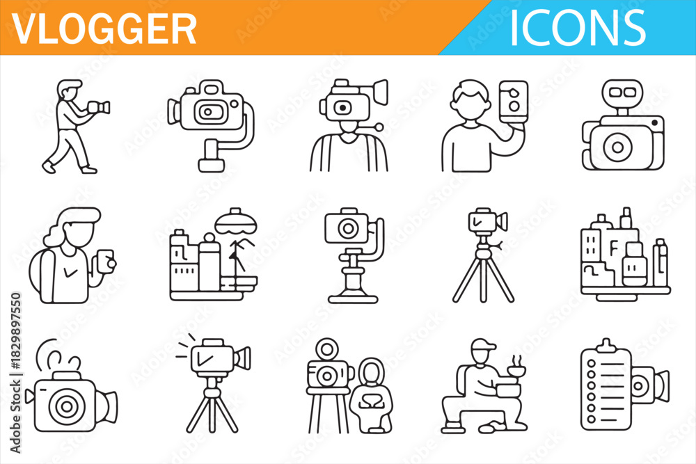 Fototapeta premium Modern vlogger studio, camera and microphone line icons
