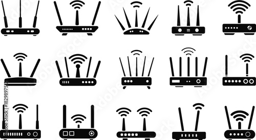 PrintRouter icon, wireless modem, black vector, antenna signal, internet device, network symbol, tech graphic, white background, connectivity design