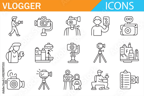 Modern vlogger studio, camera and microphone line icons