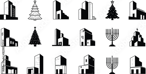 Modern architecture icons, Christmas tree symbols, Hanukkah menorah illustrations, festive urban design elements, black and white holiday vector set