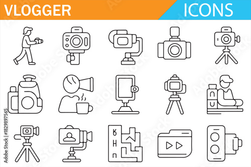 Social media vlogger tools and studio equipment outline icons