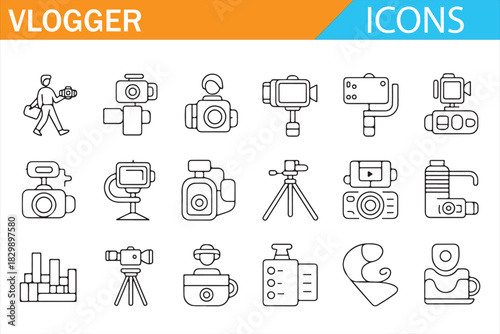 Blogging, streaming and video production line icon collection