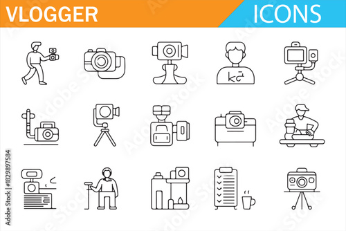 Vlogger and content creator outline icon set with camera, tripod, microphone, studio gear and social media production symbols for blogging, streaming and digital marketing