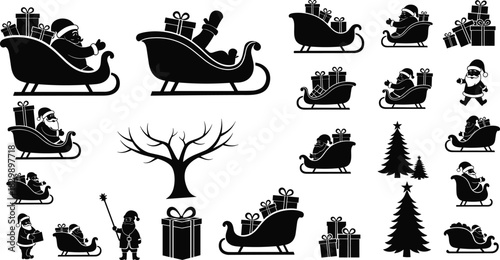 Santa Claus silhouettes, sleigh and gift boxes, Christmas tree icons, festive holiday vector set, black and white illustration