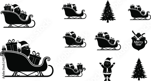 Santa Claus sleigh with gifts and Christmas trees, festive silhouette illustration set for winter holiday celebration and decoration design