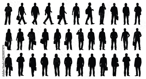 Diverse business people silhouettes collection, men and women walking and standing, full body, black vector illustrations, professional workers.