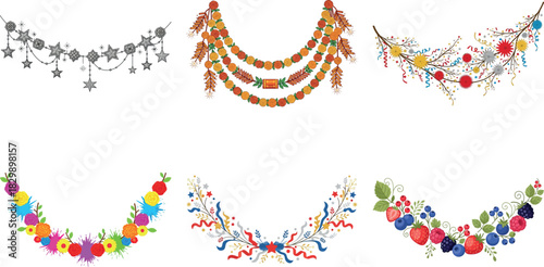 Set of six floral garlands, decorative elements for festive design, isolated on transparent background