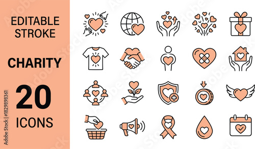 Charity icons, donation vector set, volunteer symbols, non profit organization signs, helping hand collection, love and care illustrations, editable stroke for fundraising
