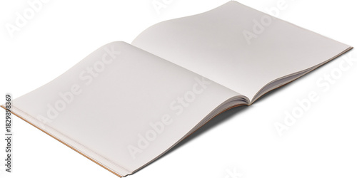 open blank booklet or magazine with clean white pages isolated white background, simple stationery mock-up template with copy space for text