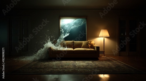 Surreal indoor scene of water crashing into a living room interior scene