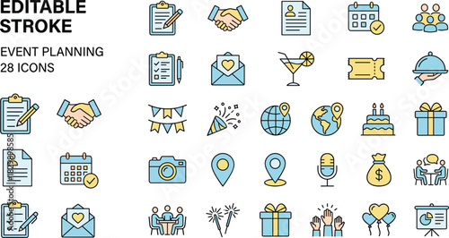 Event planning icons, party celebration vector set, business meeting symbols, global conference signs, wedding collection, editable stroke illustrations for corporate organizer