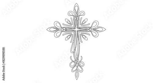 Elegant intricate line art of a symmetrical religious cross with decorative curves and loops