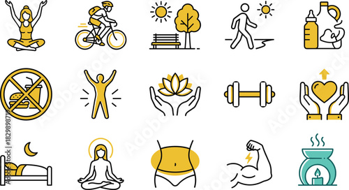 Healthy lifestyle icons, fitness vector set, yoga and meditation symbols, diet and weight loss signs, wellness collection, gym workout and relaxation illustrations, for web design