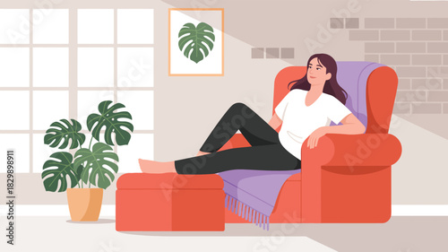  Relaxed young woman resting comfortably on a cozy armchair in a bright modern living room interior, surrounded by indoor plants, natural sunlight, and peaceful home atmosphere illustration