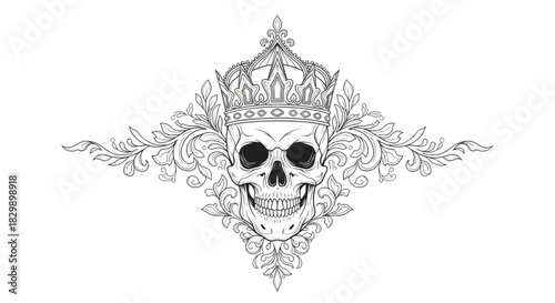 Intricate skull design adorned with a regal crown and ornate floral motifs representing mortality