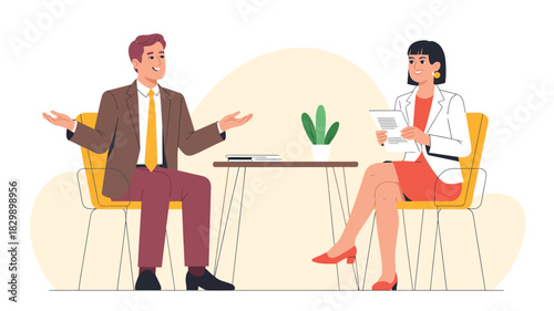  Businessman and female interviewer sitting in modern office setting during discussion, professional job interview concept with paperwork, friendly communication and corporate environment illustration