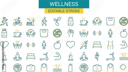 Wellness icons, health and fitness vector set, gym workout symbols, diet nutrition signs, medical care illustrations, editable stroke for lifestyle design projects