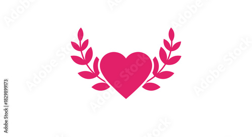 A vibrant pink heart symbol is gracefully framed by a pair of stylized leafy branches, representing love, honor, and achievement.