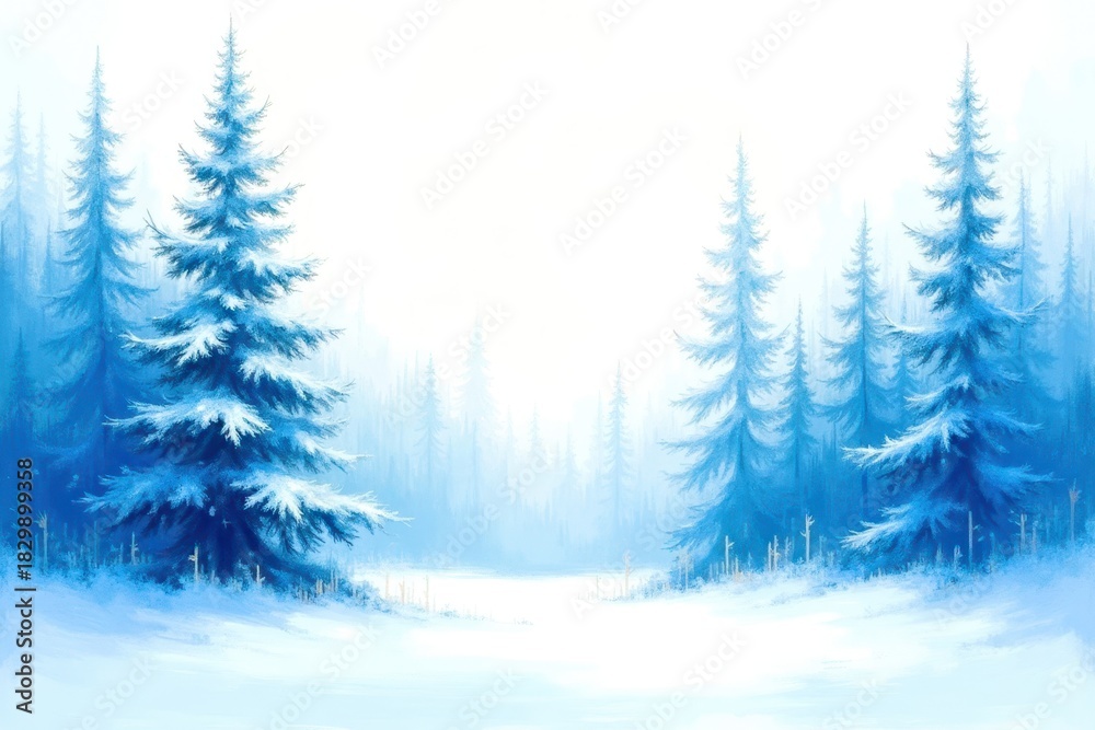 Obraz premium A painting of a snowy forest with blue trees