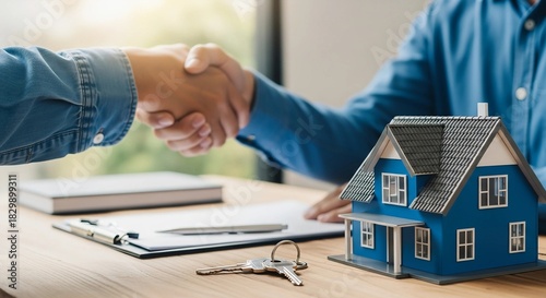 Real estate agents handshake deal, mortgage, house keys, property.