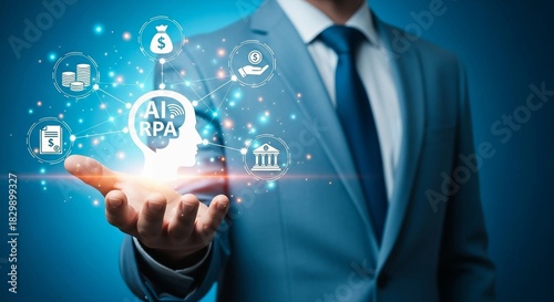 Businessman holding ai rpa technology with financial icons network.