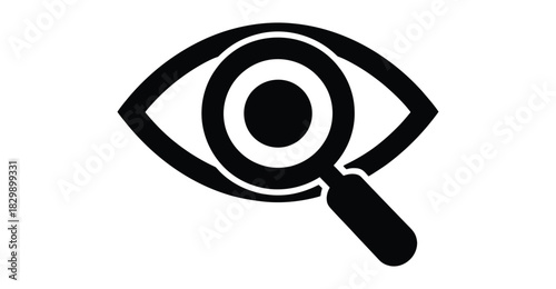  Black solid vector illustration of an eye combined with a magnifying glass symbol, representing search, vision, analysis, observation, inspection, focus, monitoring, visibility and discovery concepts