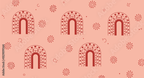 A delightful seamless pattern showcasing adorable heart-decorated rainbows and rustic sun-like circular motifs on a soft pink background.