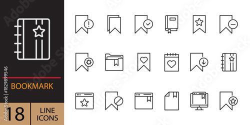 A collection of minimalist line art icons representing bookmarks and books, perfect for graphic design, app interfaces, and web elements. Bookmark Set Icon. Enhance Your Web Navigation. Bookmark line 
