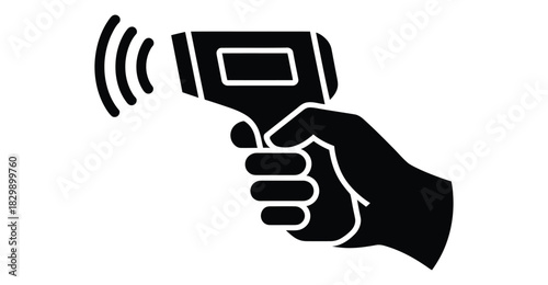  Black solid silhouette vector illustration of a hand holding a digital infrared thermometer with signal waves, representing temperature check, health screening, safety, medical tools, and hygiene con