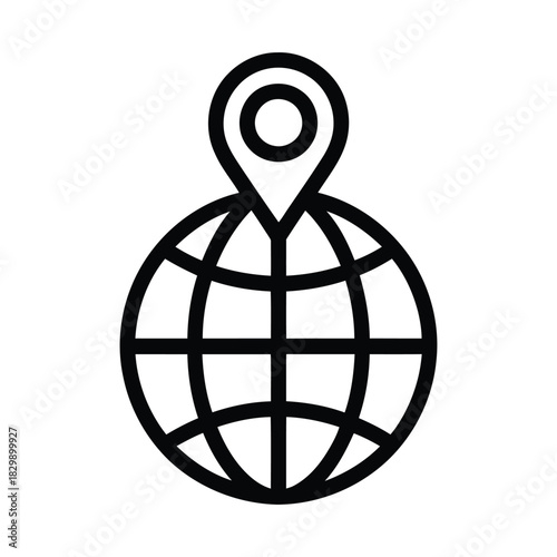  Minimal black line vector icon of a globe with a location pin symbol on top, representing global navigation, worldwide connectivity, international travel, GPS positioning, and global map concepts