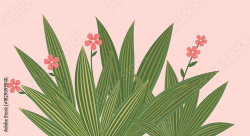 A charming illustration featuring lush, variegated green leaves and delicate pink flowers arranged against a gentle, pastel pink background.