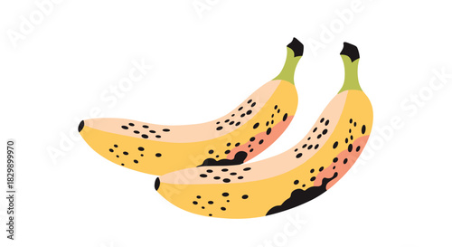 A pair of ripe yellow bananas with brown spots, indicating their sweetness and readiness for consumption, isolated on a white background.