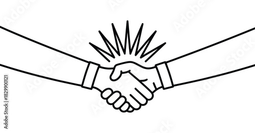  Minimalist black and white line illustration of two hands shaking with radiating lines, symbolizing partnership, agreement, unity, trust, teamwork, collaboration and successful deal concepts