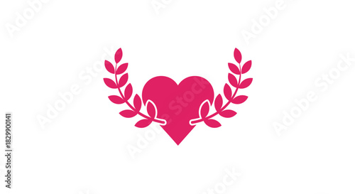 A vibrant pink heart emblem is elegantly framed by a graceful laurel wreath, symbolizing love, honor, and achievement on a clean white background.