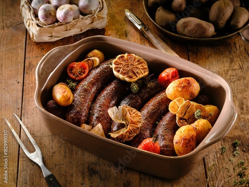 Succulent pork sausages are roasted alongside golden potato wedges and whole garlic cloves, infused with fresh herbs. This dish embodies rustic Romanian comfort for a delicious winter meal