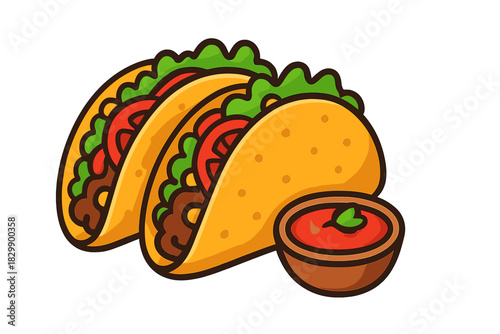 Three colorful tacos with toppings and a side of salsa, tacos with salsa