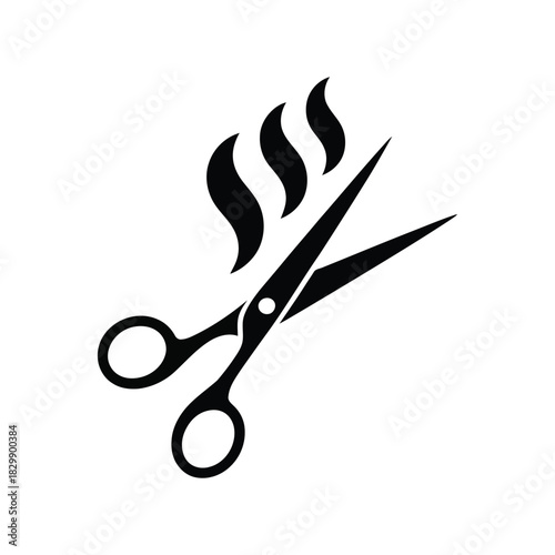  “Minimalist black scissors icon with rising steam symbol, representing hot scissors, hairstyling tools or heat treatment, ideal for salon graphics, barbershop designs, grooming illustrations and sign