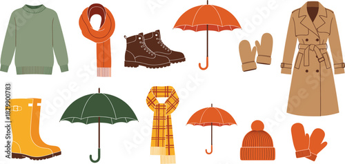 Set of Autumn and Winter Clothing Vector Illustration Featuring Sweater, Scarf, Boots, Rain Boots, Trench Coat, Mittens, and Umbrella Accessories