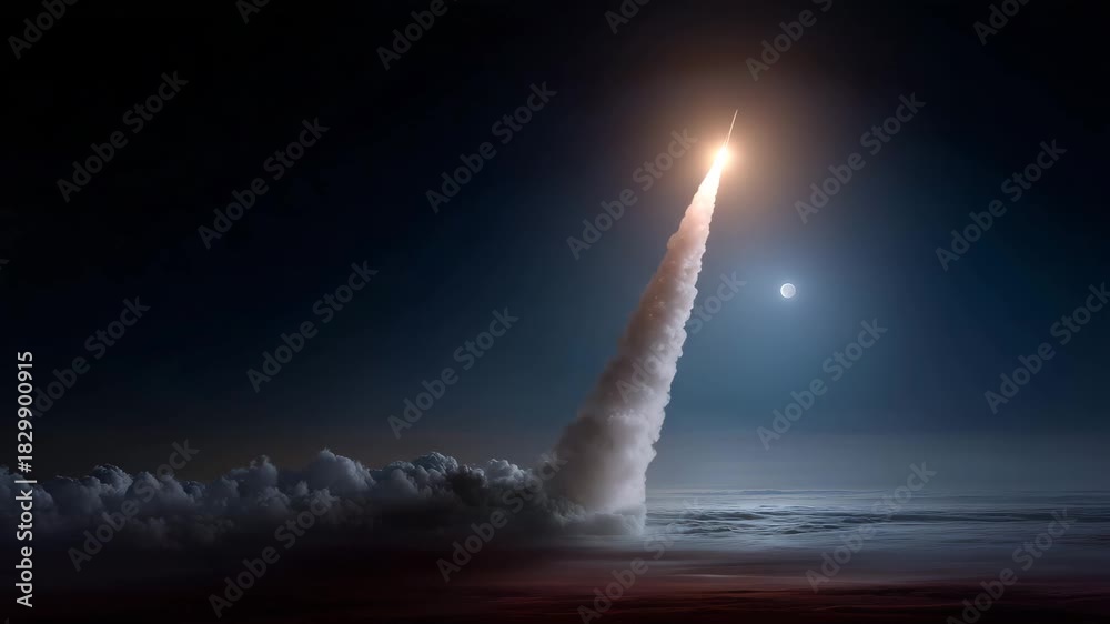 4k A massive rocket launching at night, bright engine flames ...